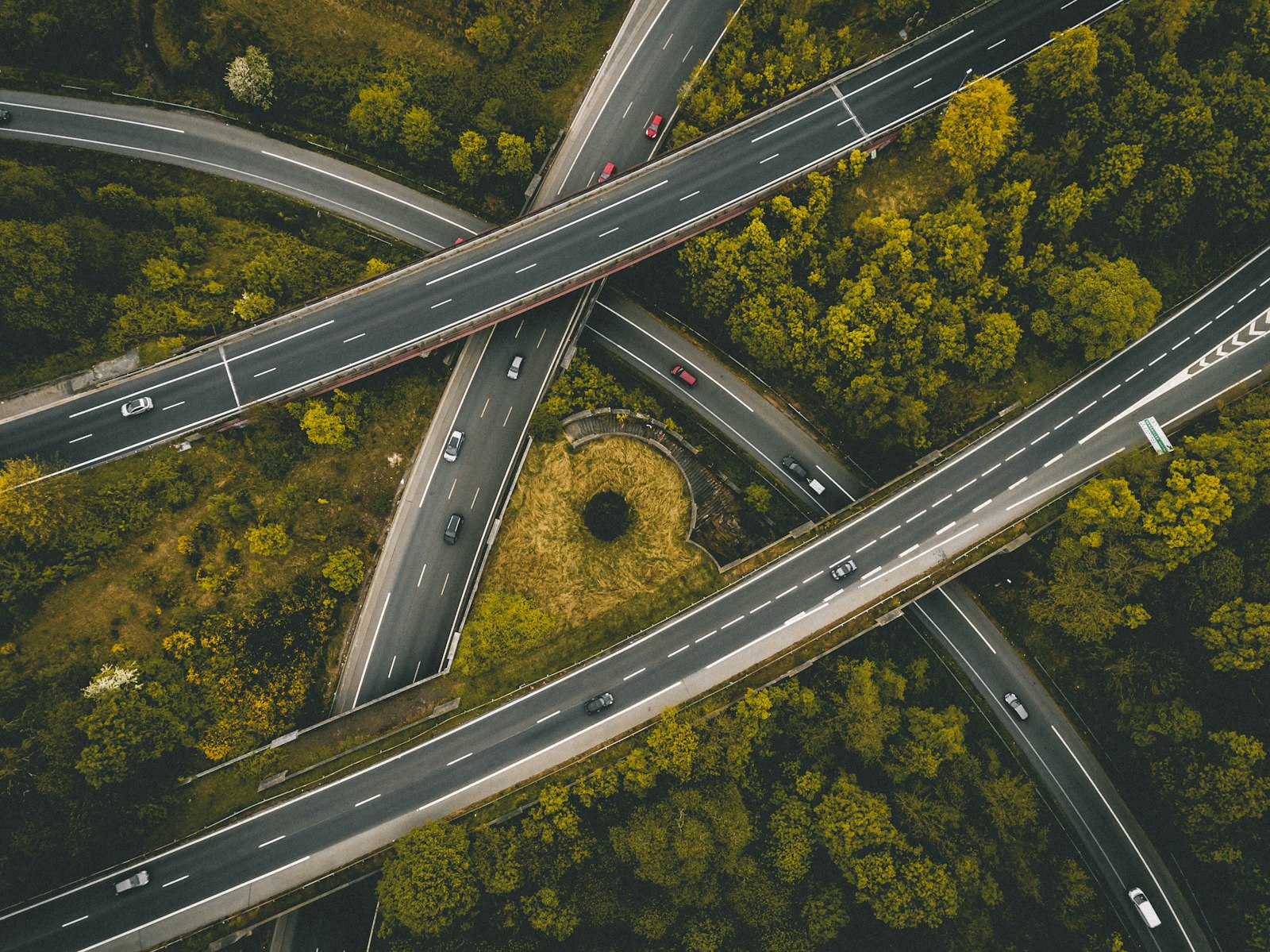 Aerial view of a highway interchange, illustrating site scouting